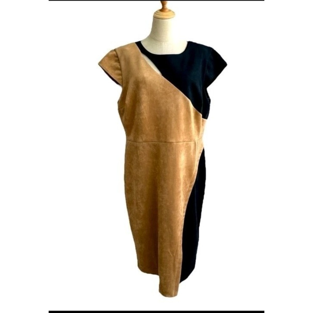 New York & Company XXL Colorblock Faux Suede Pencil Dress Black/Camel Soft Lined